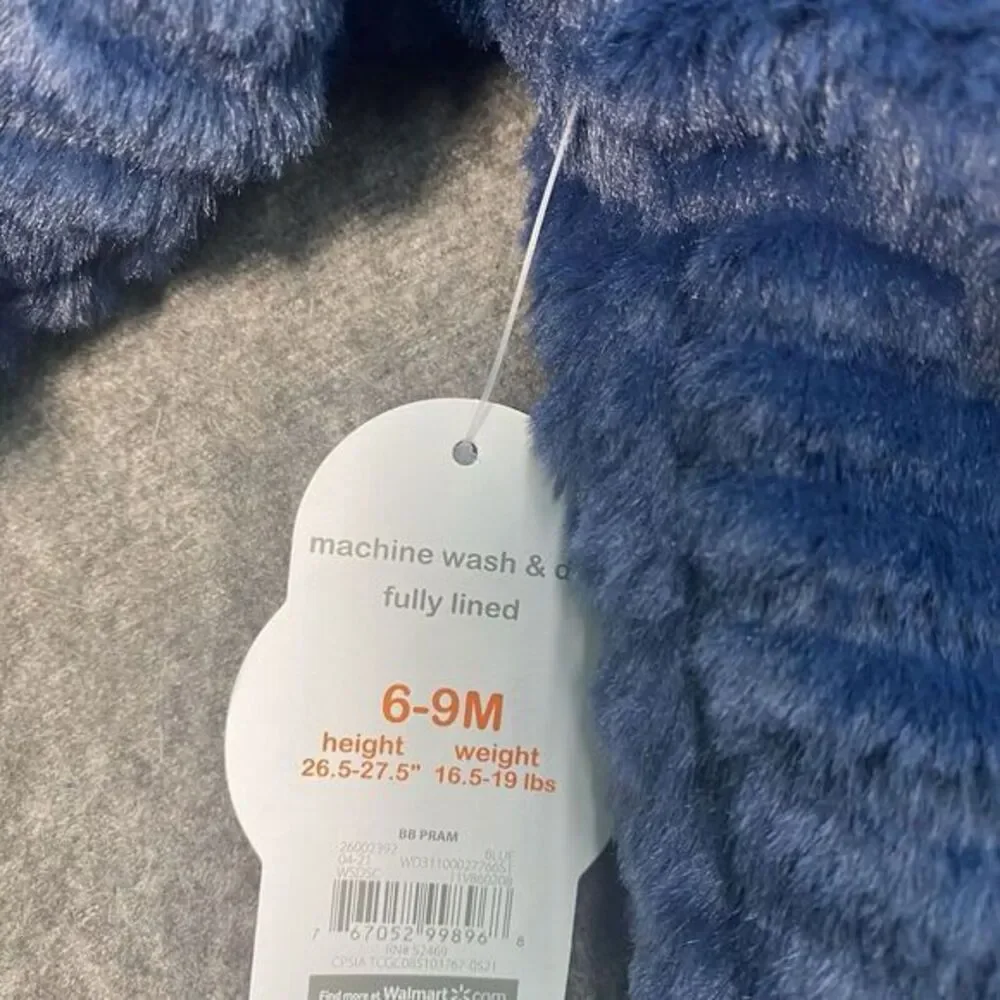 Wonder Nation 6-9 Baby‎ Teddy Fleece Pram with Hood Snowsuit Blue Hand Mittens